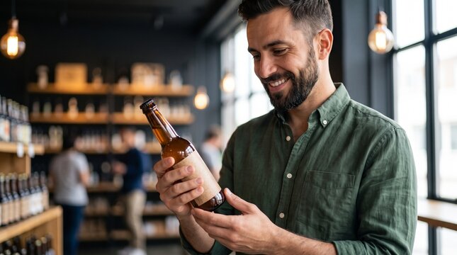Smiling Caucasian man inspecting craft beer bottle label in liquor store or pub retail customer purchasing beverage small business local market craft beer tasting alcohol store shopping concept