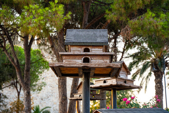 View of wooden birdhouses on Guvercinada in Kusadasi.