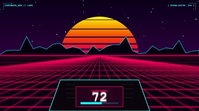 Random number generator interface display in retro synthwave neon style