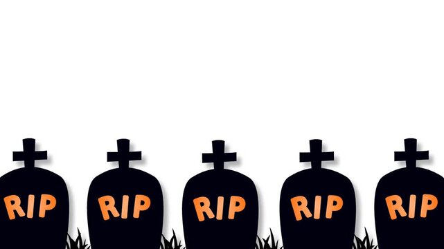 Halloween Gravestone Silhouette Loop Background with RIP Text and Crosses on White Background.