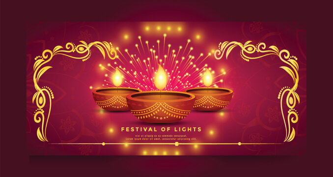 Happy Diwali festival of lights greeting card design, Traditional diwali, oil lamps, golden border, Fireworks lights, Festive background