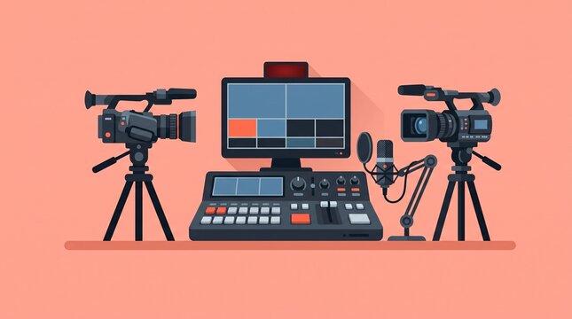 Professional Multi Camera Live Streaming Studio with Video Switcher, Cameras and Monitor for Broadcasting