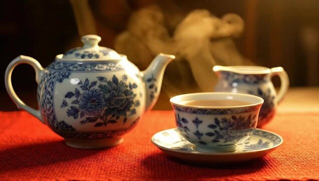 Porcelain teapot and teacup set with blue floral pattern on red tablecloth