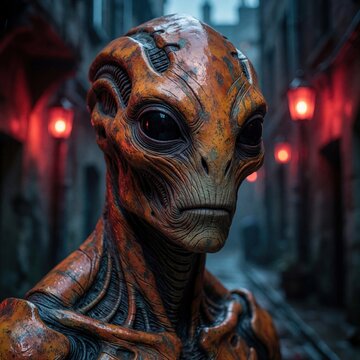 Alien creature with orange textured skin stands in dark narrow street. Extraterrestrial looks forward in old city alley. Cinematic sci-fi portrait of mysterious space traveler among urban buildings