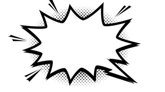 Comic book style explosive speech bubble illustration with black halftone pattern dots on a white background