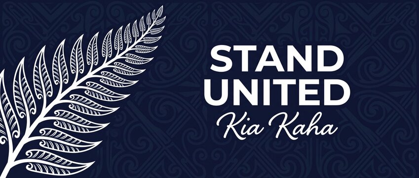 New Zealand silver fern banner featuring Stand United Kia Kaha text typography on dark blue Maori koru pattern background cultural symbol vector illustration graphic layout for identity design