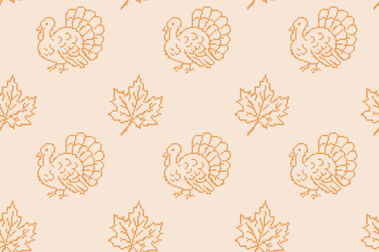 Thanksgiving cross stitch embroidery seamless pattern banner. Vintage pixelated needlework repeating background with handmade autumn maple leaf and turkey vector illustration.