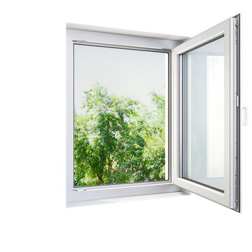 Modern white window frame with open casement displaying vibrant green summer tree leaves visible through the glass on transparent background