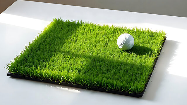 Artificial grass turf square with golf ball, outdoor sport and green surface concept