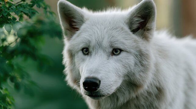 Arctic wolf with thick white fur stands in a natural setting, surrounded by green foliage and soft blurred background, showcasing its keen gaze and alert posture