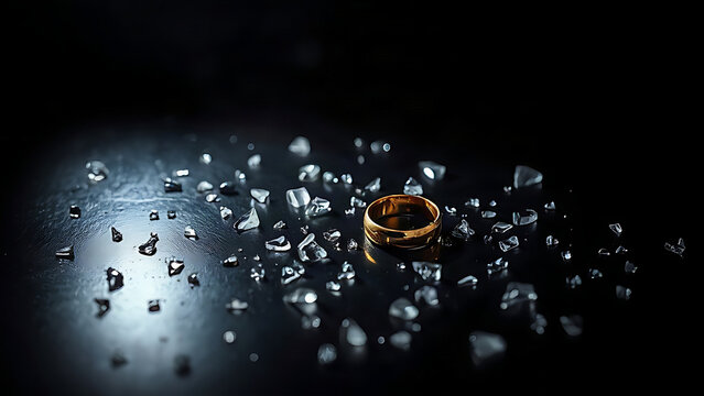 Gold wedding ring among shattered glass on dark surface, unfaithfulness and betrayal concept