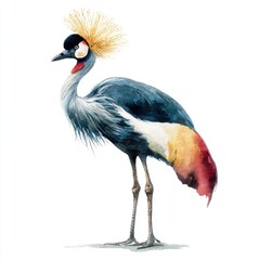 Fototapeta premium Watercolor Painting Of A Grey Crowned Crane With Gold Crest Against A Pristine White Background
