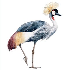 Fototapeta premium Watercolor Painting Of A Grey Crowned Crane Standing On One Leg Isolated On A White Background