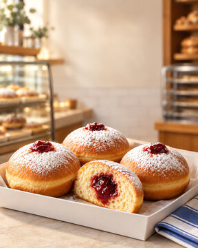 Freshly Baked Hanukkah Sufganiyot Jelly Donuts Dusted with Powdered Sugar in Bakery Tray Commercial Preorder Display