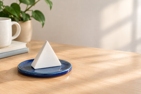 White equilateral triangle paperweight on blue ceramic coaster, neutral still life for editorial header