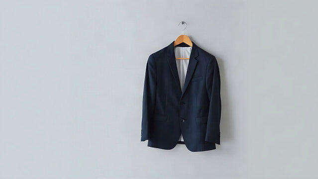 Navy suit jacket on hanger against grey wall, brief and professional attire concept