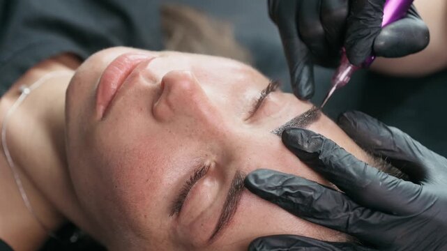 Close up of a permanent makeup machine creating an eyebrow tattoo during a PMU procedure in a professional beauty salon with precise cosmetic pigmentation.