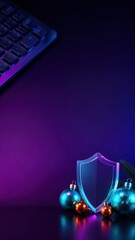 Fototapeta premium Christmas-themed composition featuring a transparent shield, colorful ornaments, and a computer keyboard against a dark purple background with festive lighting