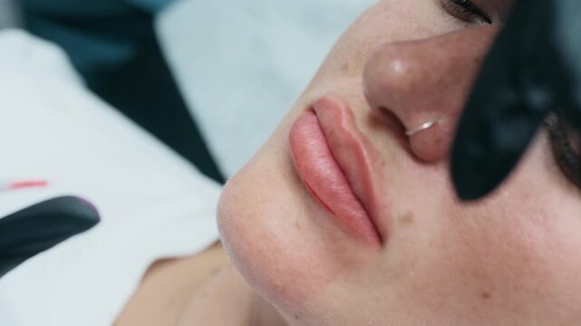 Macro close up of a permanent makeup artist performing a lip blush tattoo procedure with a PMU machine in a professional beauty salon.