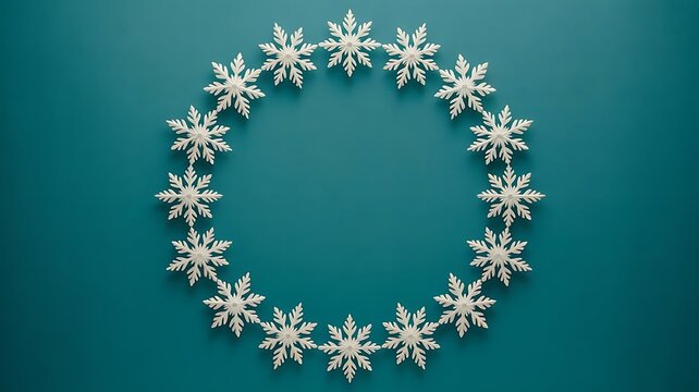 Christmas wreath frame made of white decorative snowflakes on dark teal background