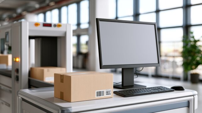 Airport cargo inspection area featuring a cardboard package on a table next to a computer monitor and a security scanner in a well-lit terminal environment
