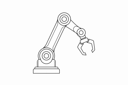 Robotic Arm Line Art. Industrial Automation and Mechanical Engineering Concept. Manufacturing Robotics and Precision Technology. Clean Minimal Vector Illustration