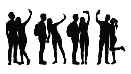 Fototapeta premium Silhouette illustration of six pairs of people taking selfies with smartphones in different poses including backpacks, leaning, standing side by side and playful leg lift gesture