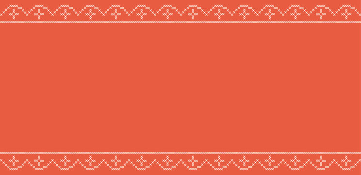 Background with cross-stitch embroidery festive geometric border. Horizontal banner with pixelated needlework vintage frame ornament. Cottagecore folk backdrop, Christmas holiday handmade craft header