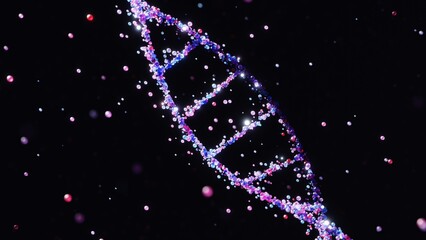 Abstract 3D DNA double helix molecular structure background. Glowing microscopic particle spheres...