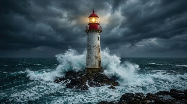 Stormy sea and tall lighthouse with copyspace for text