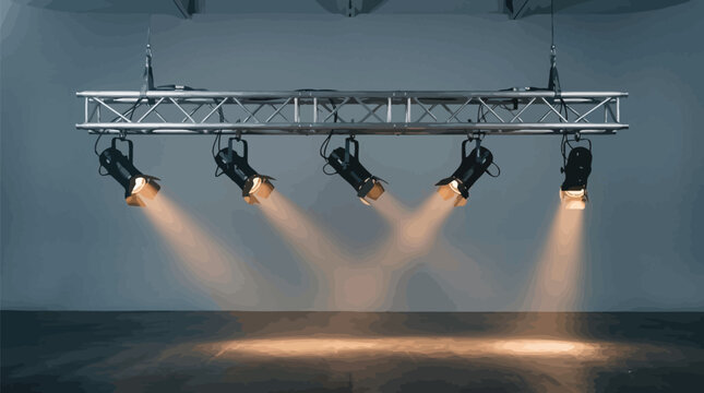 Metallic stage truss featuring multiple bright spotlights creating warm glowing light beams in vector graphic design
