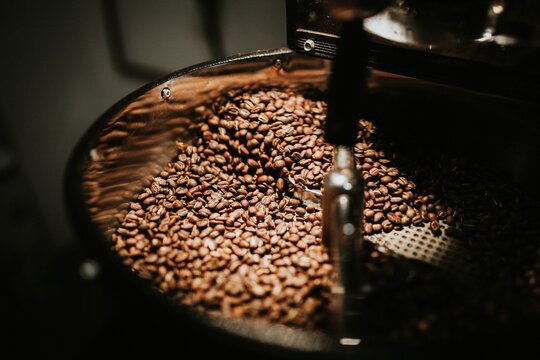 Freshly roasted coffee beans cooling inside a professional coffee roasting machine tray in a roastery, artisan coffee production concept