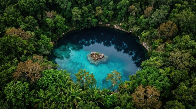 Upper view of a cenote located in the bush with pure water for swimming in Yucatan, Mexico.