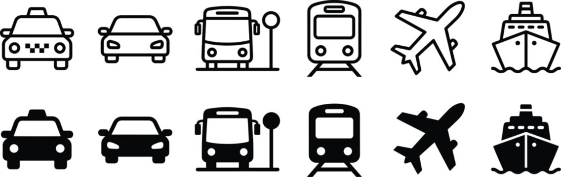 Set of transportation icons featuring taxi car bus train airplane ship in outline style.