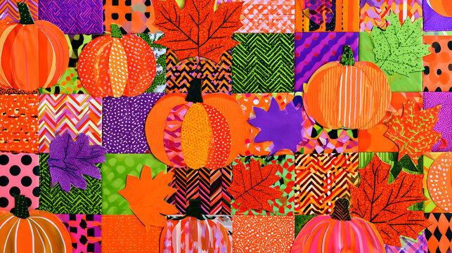Colorful patchwork quilt pattern featuring orange pumpkins and autumn maple leaves over vibrant patterned fabric squares. Festive Thanksgiving, fall harvest, and Halloween textile background.