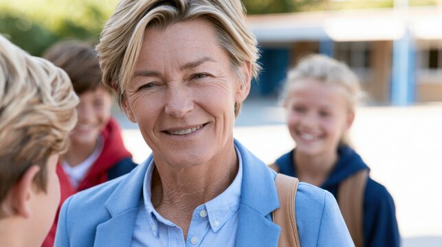 Middle-aged woman with short blonde hair smiles warmly at a young boy during a school yard reunion, with children and school buildings visible in the background