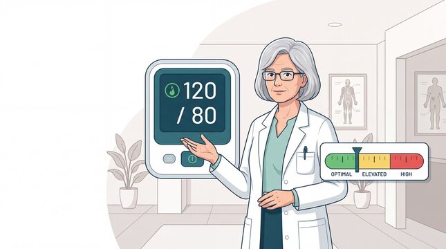 Female doctor presenting digital blood pressure monitor reading showing optimal health results in clinic with medical professional