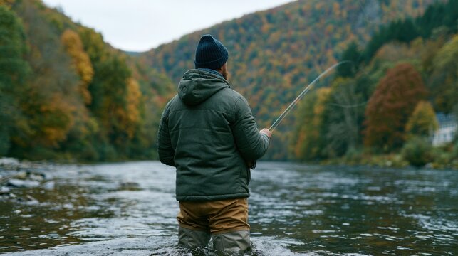 Male angler wearing a green jacket and brown waders stands in a river casting a fishing line surrounded by autumn foliage and mountains in the background