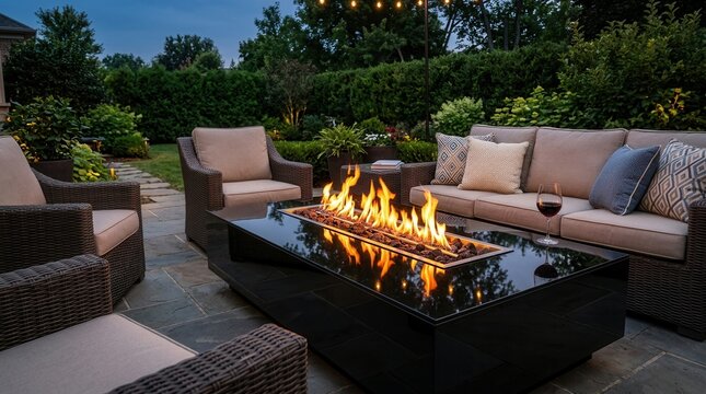Outdoor gatherings warmed by a sophisticated black glass gas fire pit