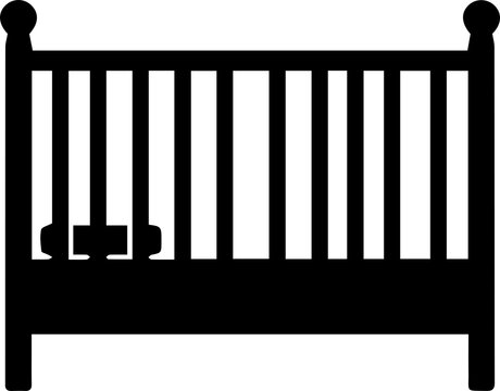 Wooden baby crib silhouette icon for nursery interior design and infant sleep advertising.
