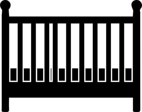 Baby crib black silhouette icon over transparent background for nursery furniture design.
