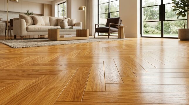 Indoor living space featuring wood parquette flooring for home design and decor