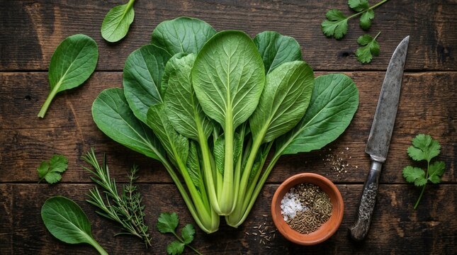 Garden vegetables and fresh Brassica rapa subsp. leaves arranged on a wooden surface for natural health