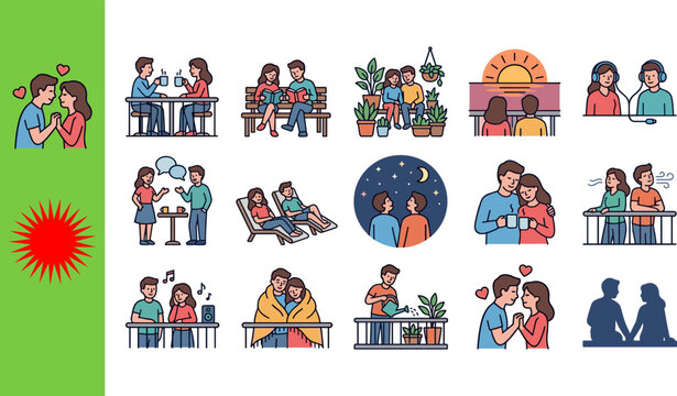 Collection of fifteen couple moments featuring cafe date park reading sunset music arguing relaxing stargazing balcony karaoke blanket gardening silhouette