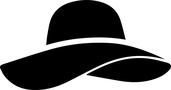Classic wide brim sun hat black silhouette vector icon for beach fashion and summer travel themes.
