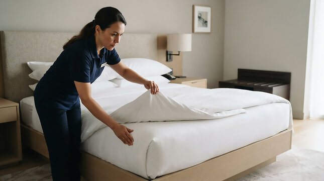Professional housekeeper making a hotel bed in a modern guest room
