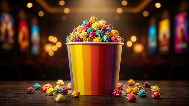 Variety of brightly colored popcorn in a striped cup, ideal for party decoration and entertainment