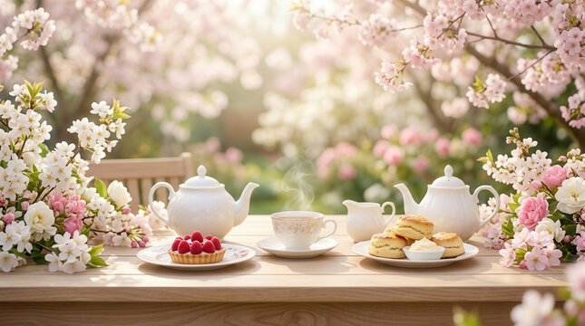 Garden table featuring an elegant high tea setting with pastries and floral arrangements