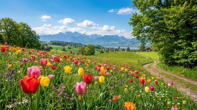 Springtime meadow in Zollikon, Zurich with vibrant greenery and wildflowers, perfect for outdoor activities and environmental education.