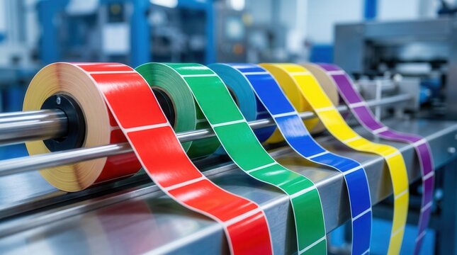 Custom-cut self-adhesive tape in colorful rolls on a production line for label manufacturing and die cutting